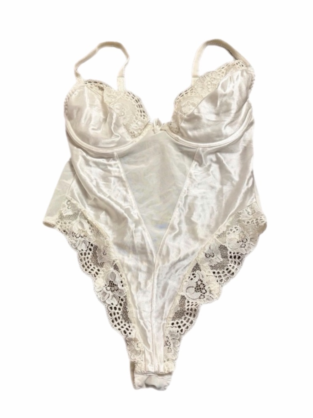 80s/90s European Vintage Satin/Embroidered Lace Push-Up Thong Bodysuit Ivory S/M